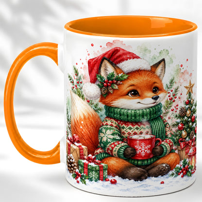 #pl[11oz|Orange] Watercolor Christmas Fox Coffee Mug, Holiday Fox Mug, Ceramic Cup