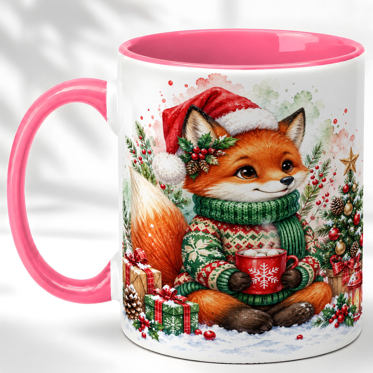 #pl[11oz|Pink] Watercolor Christmas Fox Coffee Mug, Holiday Fox Mug, Ceramic Cup