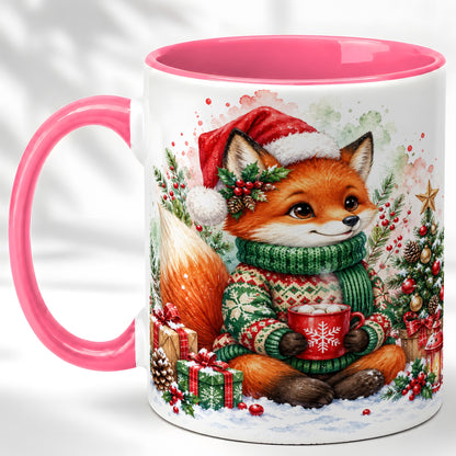 #pl[11oz|Pink] Watercolor Christmas Fox Coffee Mug, Holiday Fox Mug, Ceramic Cup