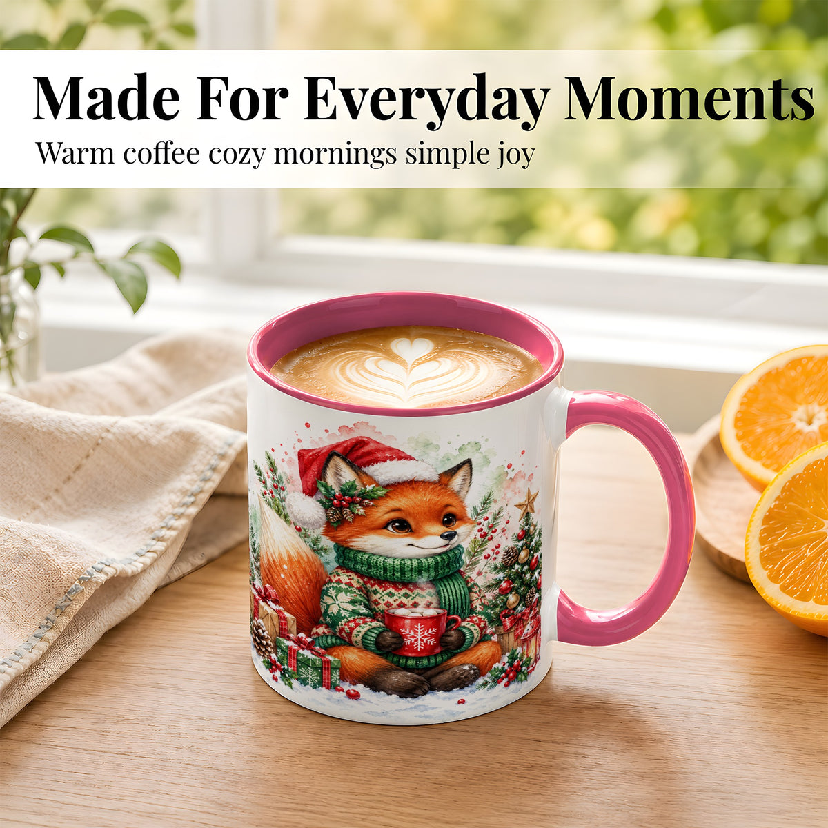 #pl[11oz|Pink] Watercolor Christmas Fox Coffee Mug, Holiday Fox Mug, Ceramic Cup