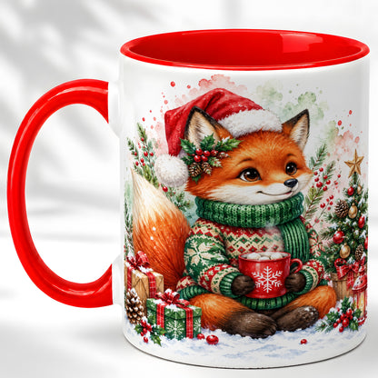 Watercolor Christmas Fox Coffee Mug, Holiday Fox Mug, Ceramic Cup