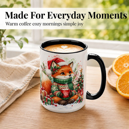 #pl[15oz|Black] Watercolor Christmas Fox Coffee Mug, Holiday Fox Mug, Ceramic Cup