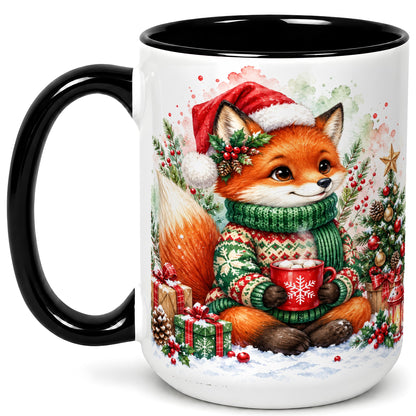#pl[15oz|Black] Watercolor Christmas Fox Coffee Mug, Holiday Fox Mug, Ceramic Cup