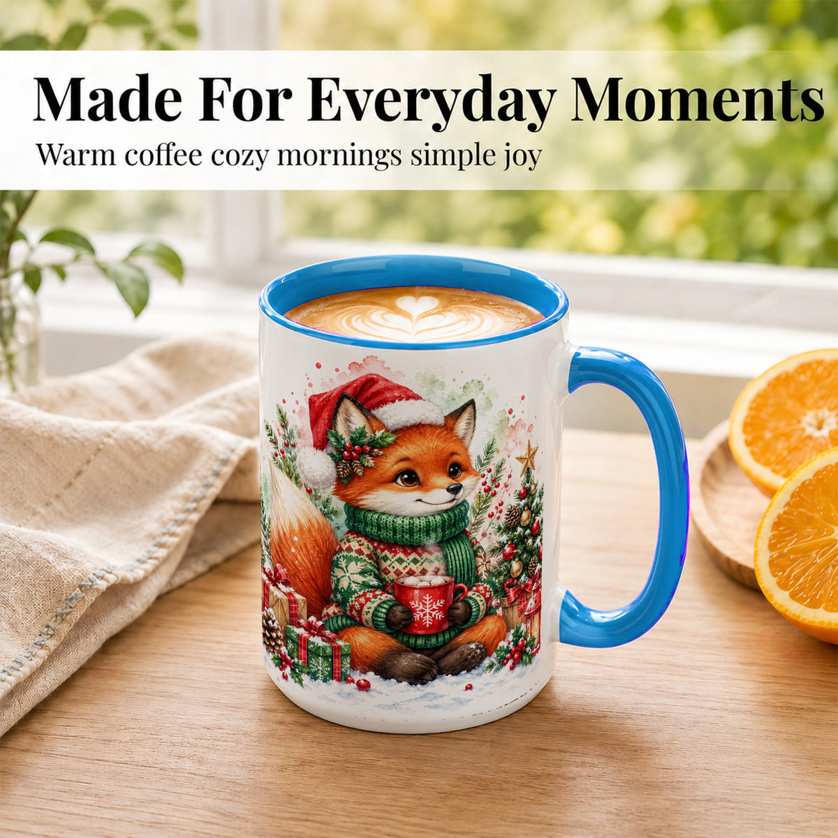 #pl[15oz|Blue] Watercolor Christmas Fox Coffee Mug, Holiday Fox Mug, Ceramic Cup
