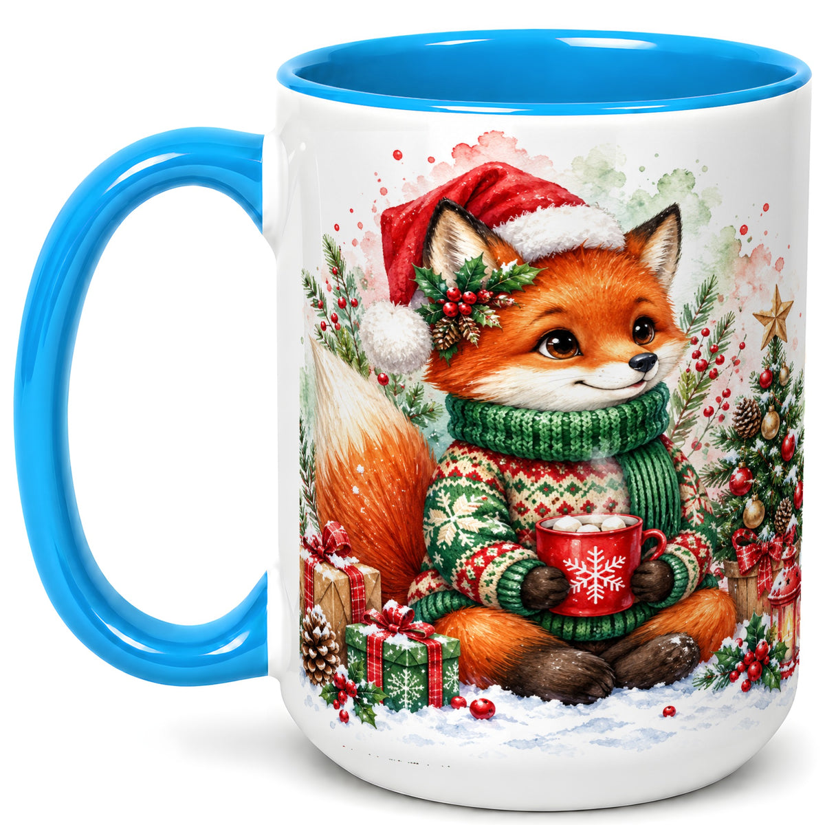 #pl[15oz|Blue] Watercolor Christmas Fox Coffee Mug, Holiday Fox Mug, Ceramic Cup