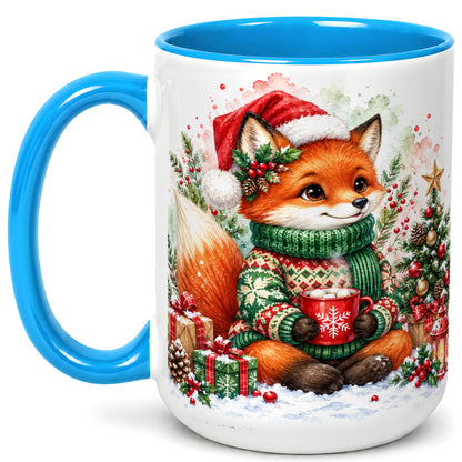 #pl[15oz|Blue] Watercolor Christmas Fox Coffee Mug, Holiday Fox Mug, Ceramic Cup