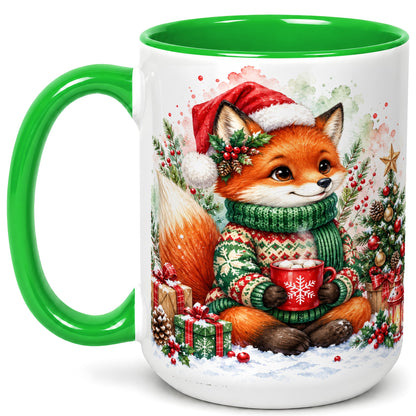 #pl[15oz|Green] Watercolor Christmas Fox Coffee Mug, Holiday Fox Mug, Ceramic Cup