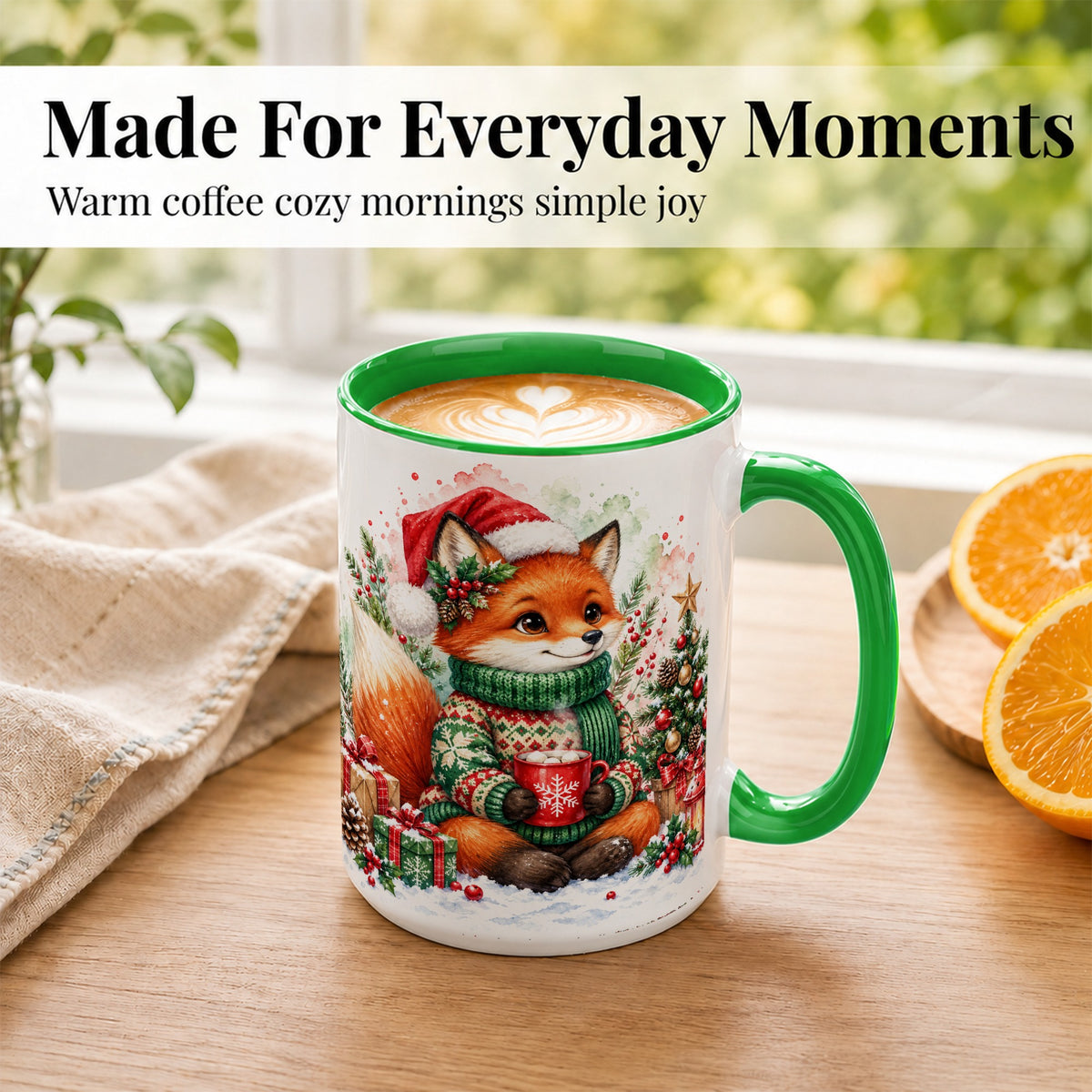#pl[15oz|Green] Watercolor Christmas Fox Coffee Mug, Holiday Fox Mug, Ceramic Cup