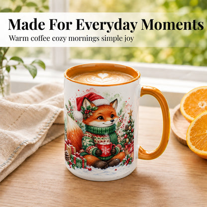 #pl[15oz|Orange] Watercolor Christmas Fox Coffee Mug, Holiday Fox Mug, Ceramic Cup