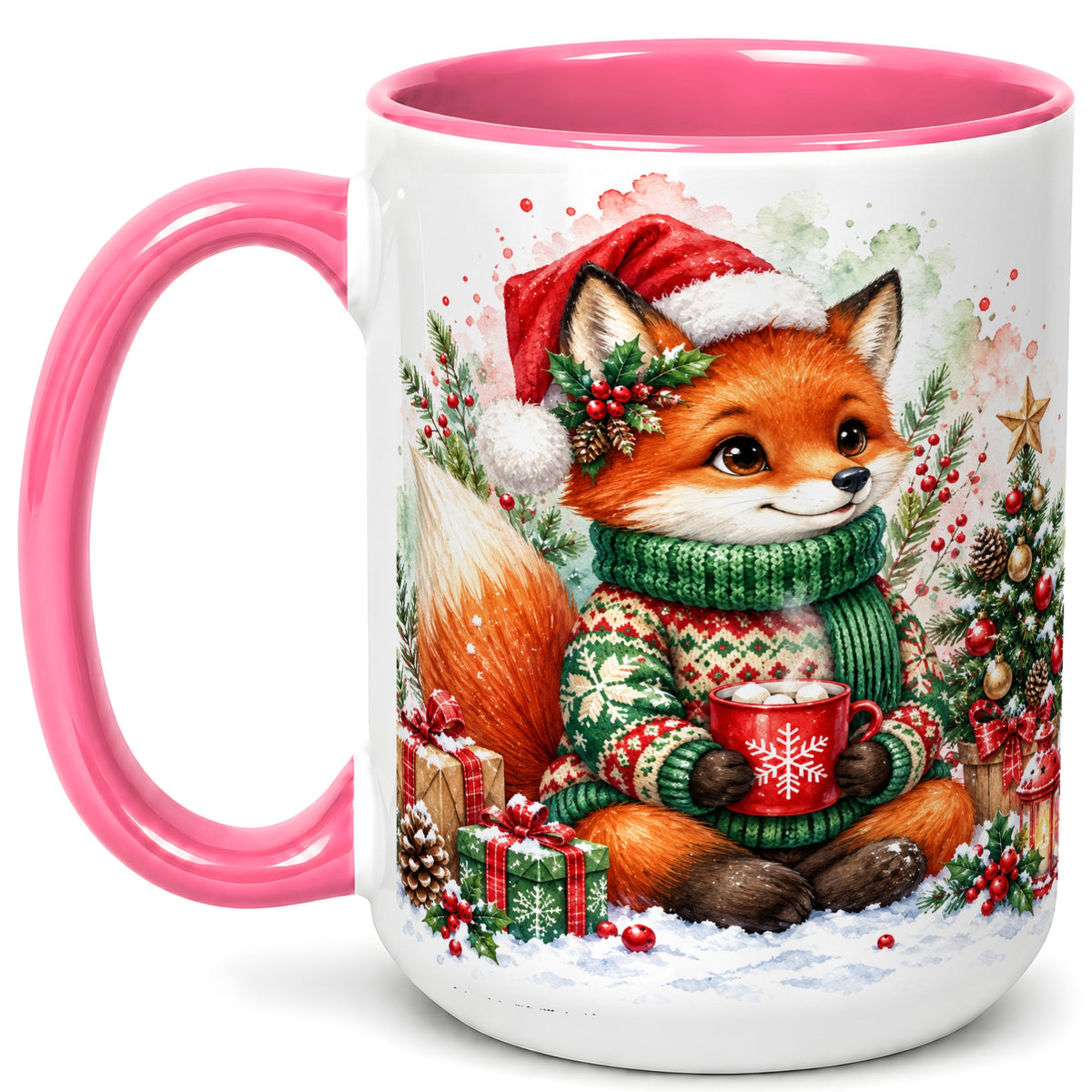 #pl[15oz|Pink] Watercolor Christmas Fox Coffee Mug, Holiday Fox Mug, Ceramic Cup