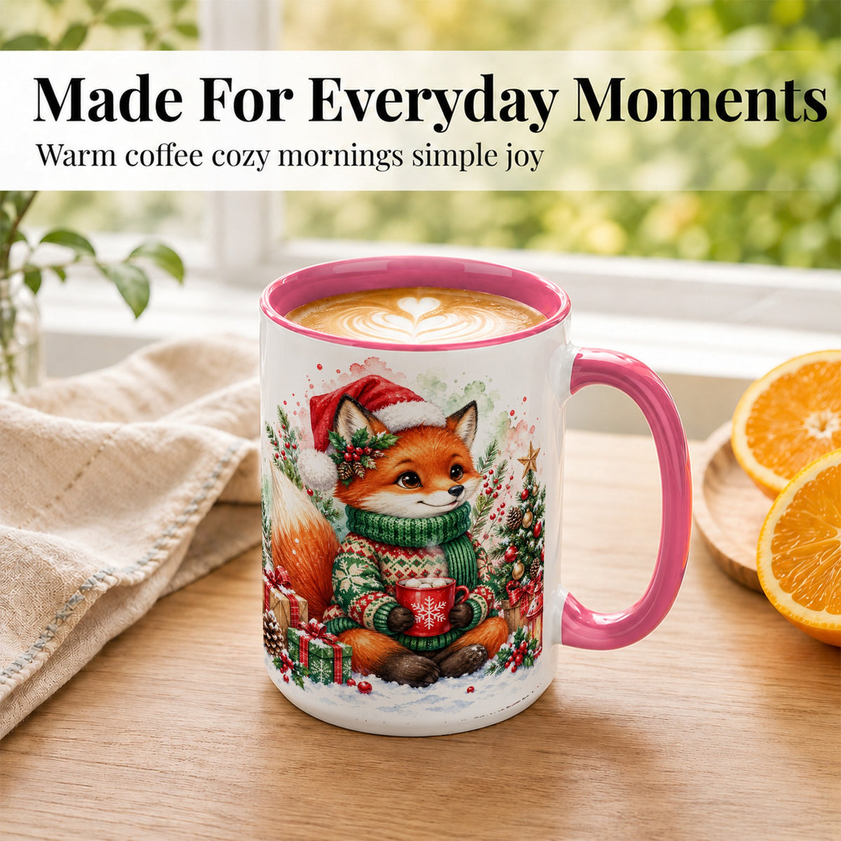 #pl[15oz|Pink] Watercolor Christmas Fox Coffee Mug, Holiday Fox Mug, Ceramic Cup