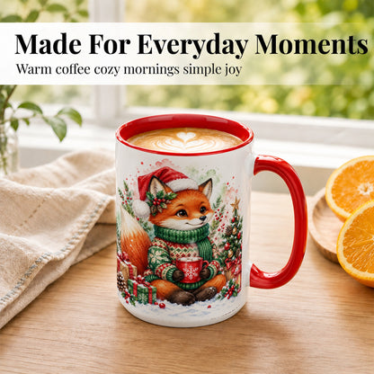 #pl[15oz|Red] Watercolor Christmas Fox Coffee Mug, Holiday Fox Mug, Ceramic Cup