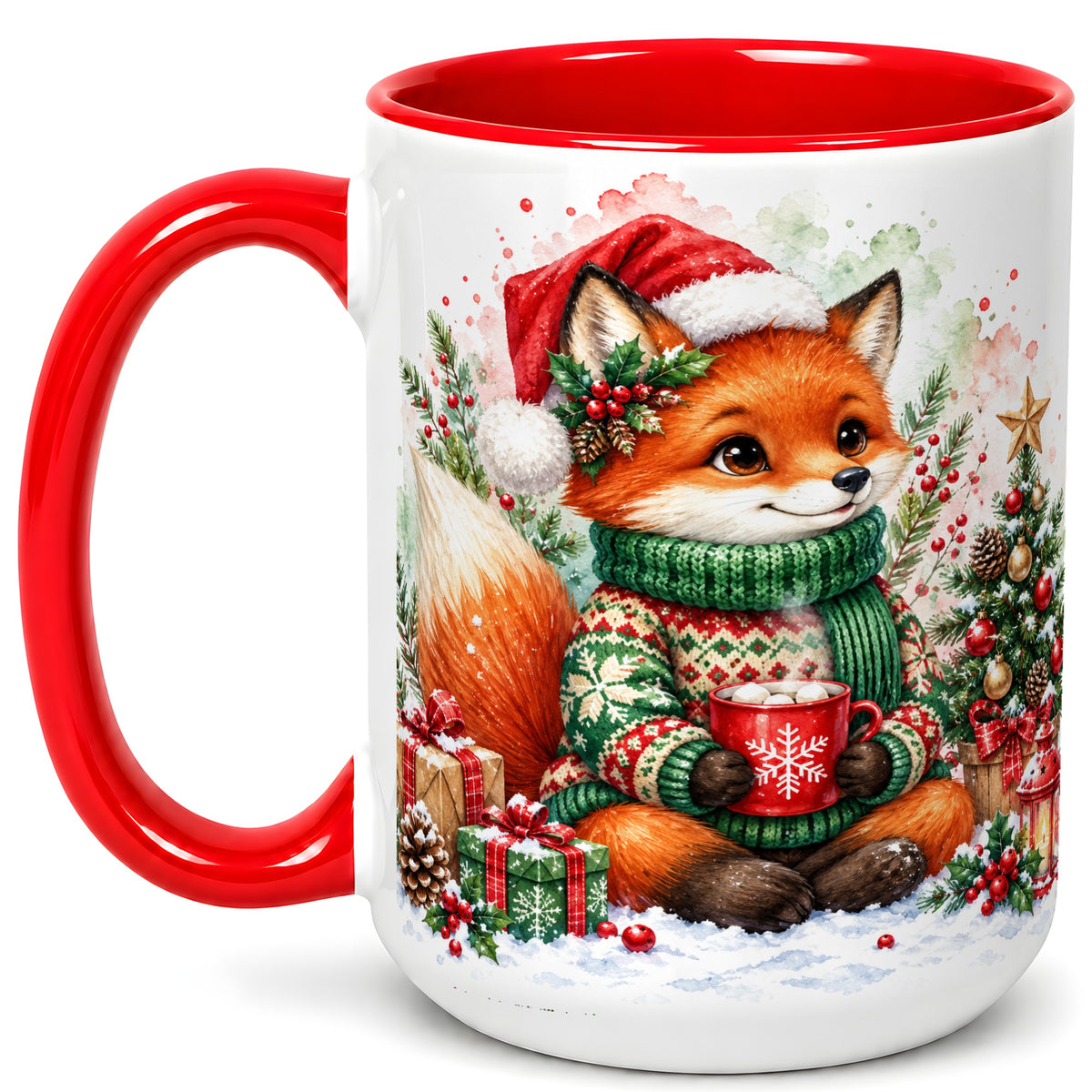 #pl[15oz|Red] Watercolor Christmas Fox Coffee Mug, Holiday Fox Mug, Ceramic Cup