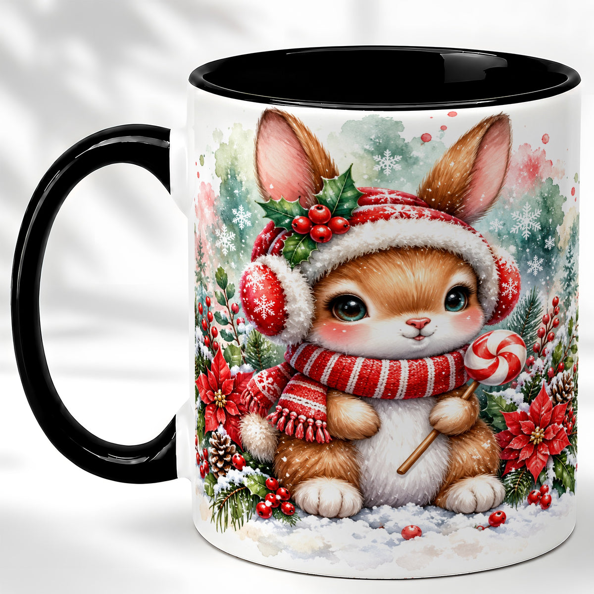 #pl[11oz|Black] Christmas Bunny Coffee Mug, Candy Cane Rabbit Mug, Ceramic Cup