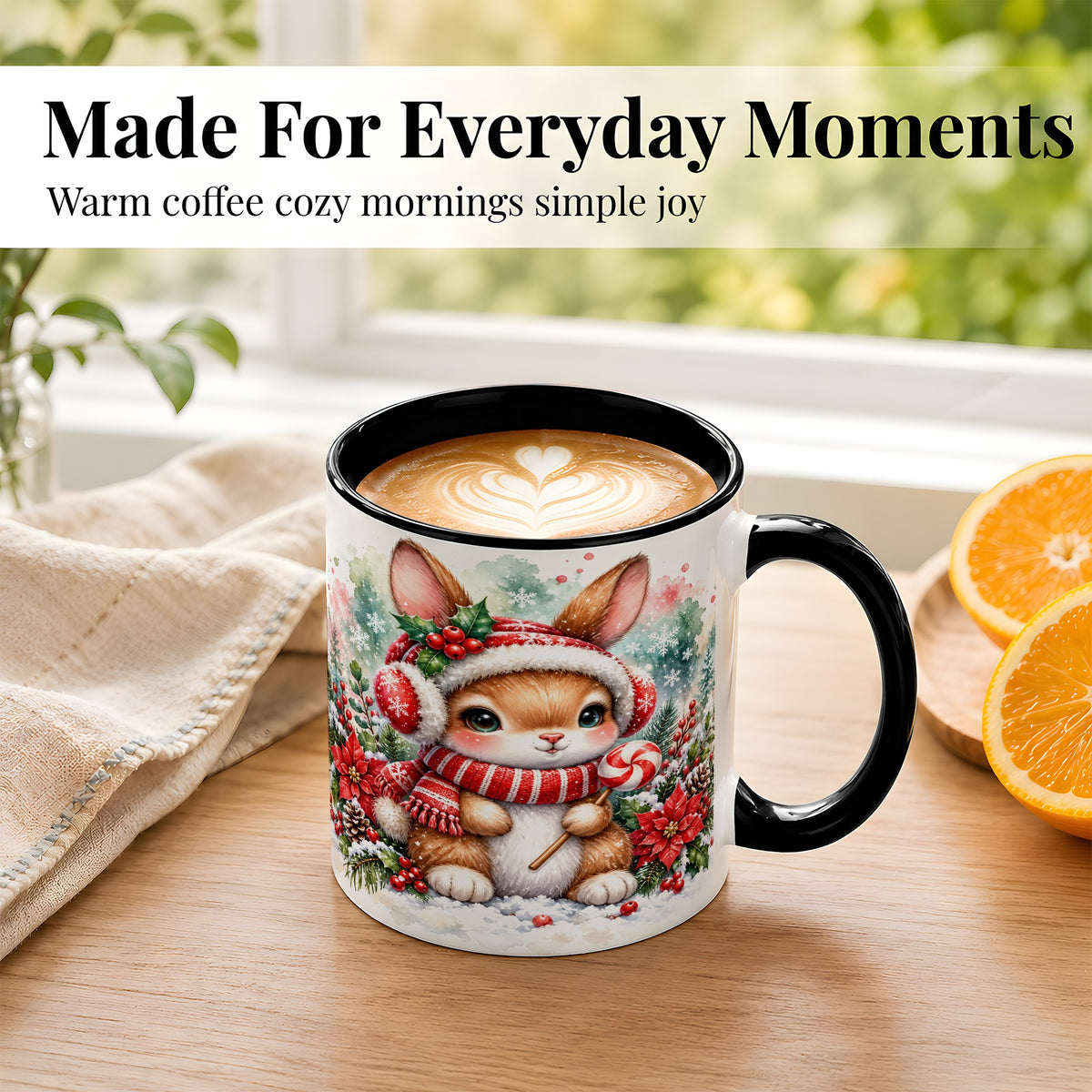 #pl[11oz|Black] Christmas Bunny Coffee Mug, Candy Cane Rabbit Mug, Ceramic Cup