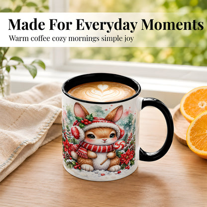 #pl[11oz|Black] Christmas Bunny Coffee Mug, Candy Cane Rabbit Mug, Ceramic Cup