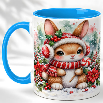 #pl[11oz|Blue] Christmas Bunny Coffee Mug, Candy Cane Rabbit Mug, Ceramic Cup