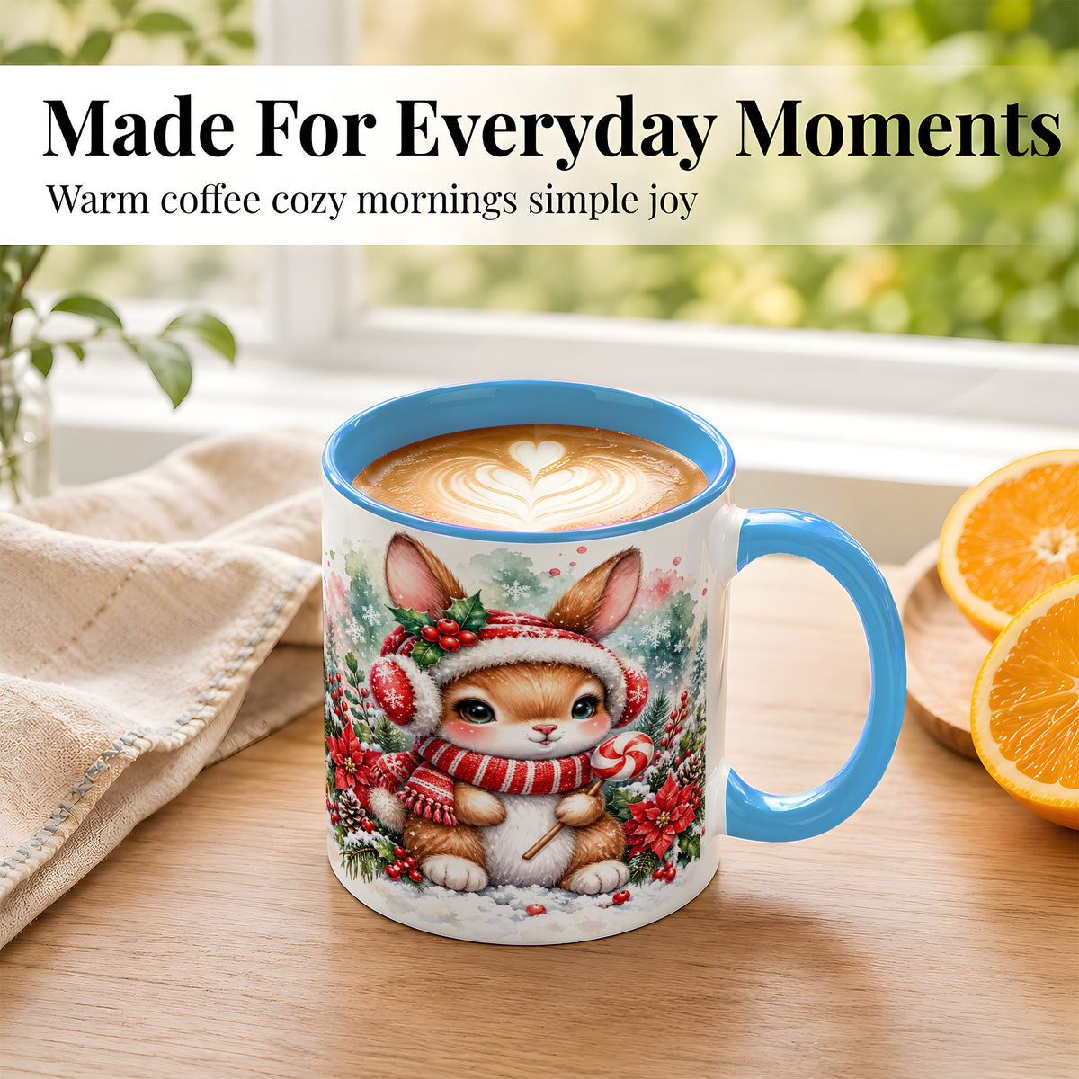 #pl[11oz|Blue] Christmas Bunny Coffee Mug, Candy Cane Rabbit Mug, Ceramic Cup