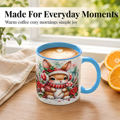 #pl[11oz|Blue] Christmas Bunny Coffee Mug, Candy Cane Rabbit Mug, Ceramic Cup