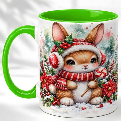 #pl[11oz|Green] Christmas Bunny Coffee Mug, Candy Cane Rabbit Mug, Ceramic Cup