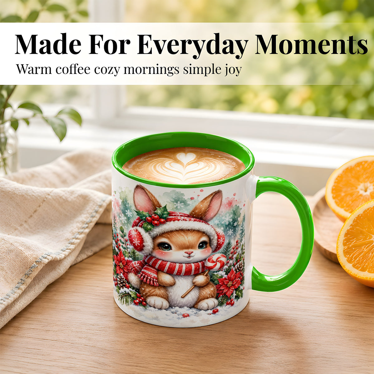 #pl[11oz|Green] Christmas Bunny Coffee Mug, Candy Cane Rabbit Mug, Ceramic Cup