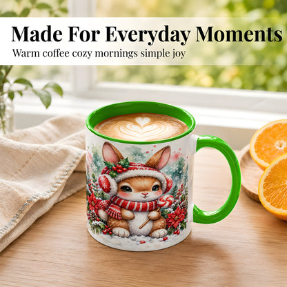#pl[11oz|Green] Christmas Bunny Coffee Mug, Candy Cane Rabbit Mug, Ceramic Cup