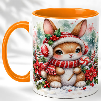 #pl[11oz|Orange] Christmas Bunny Coffee Mug, Candy Cane Rabbit Mug, Ceramic Cup