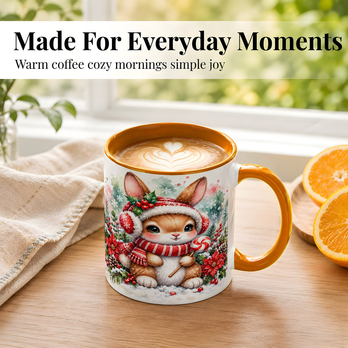 #pl[11oz|Orange] Christmas Bunny Coffee Mug, Candy Cane Rabbit Mug, Ceramic Cup
