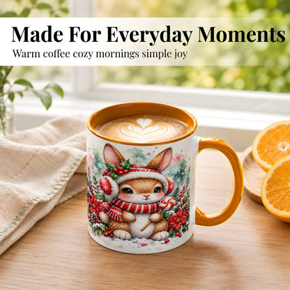 #pl[11oz|Orange] Christmas Bunny Coffee Mug, Candy Cane Rabbit Mug, Ceramic Cup