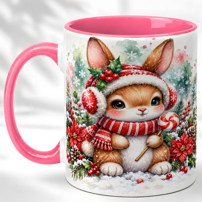#pl[11oz|Pink] Christmas Bunny Coffee Mug, Candy Cane Rabbit Mug, Ceramic Cup