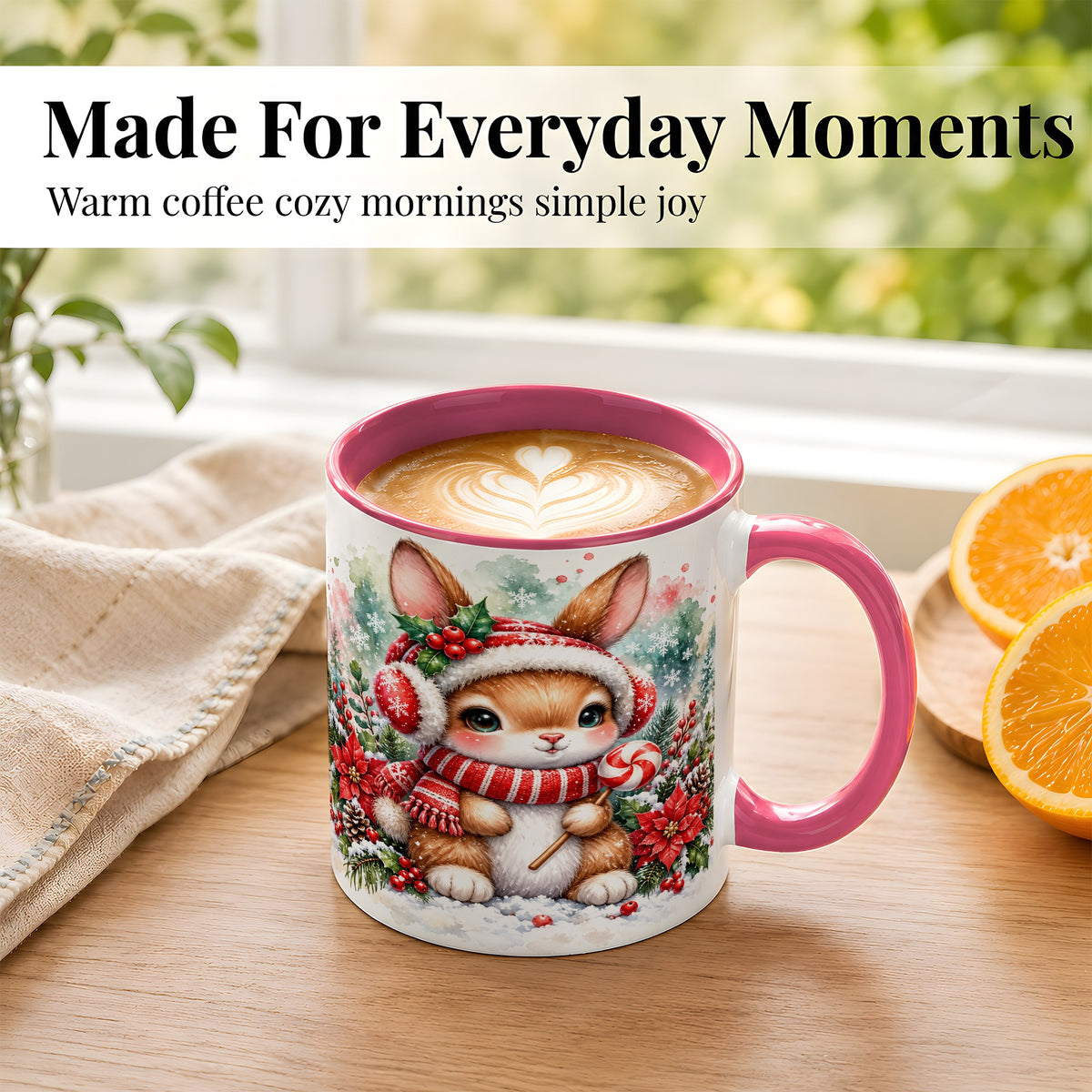 #pl[11oz|Pink] Christmas Bunny Coffee Mug, Candy Cane Rabbit Mug, Ceramic Cup
