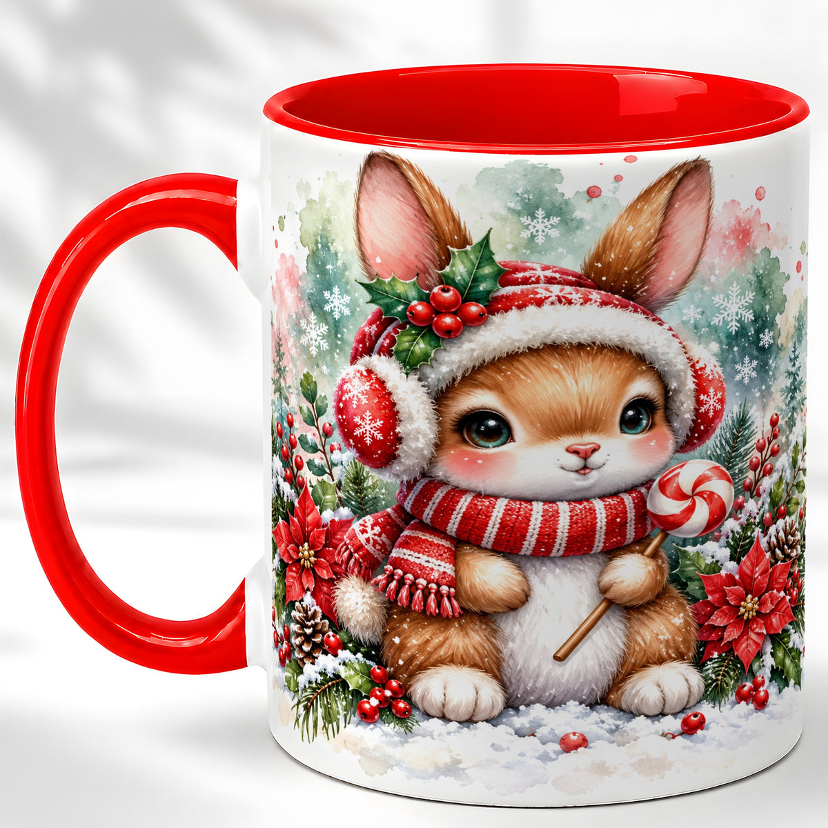 Christmas Bunny Coffee Mug, Candy Cane Rabbit Mug, Ceramic Cup