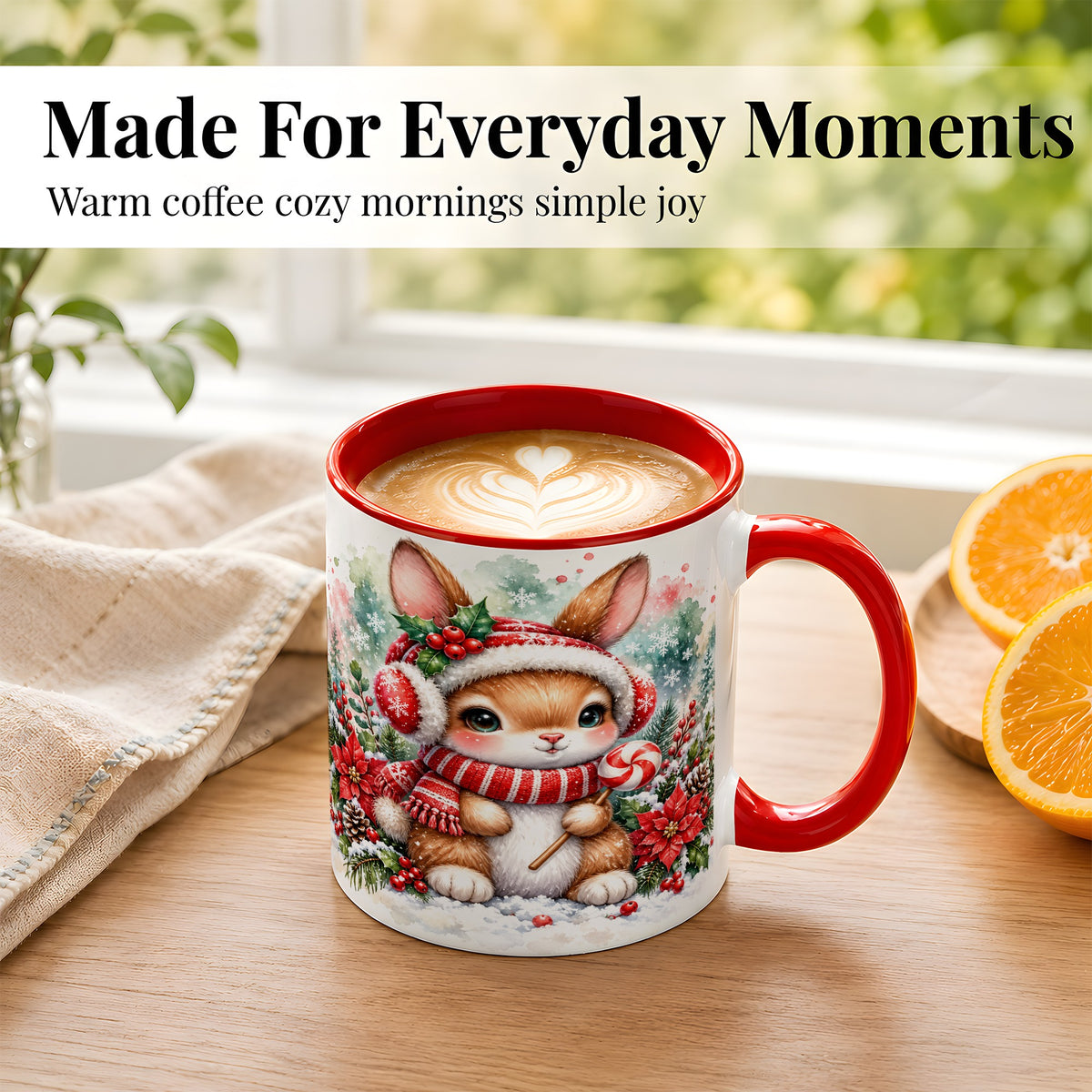 #pl[11oz|Red] Christmas Bunny Coffee Mug, Candy Cane Rabbit Mug, Ceramic Cup