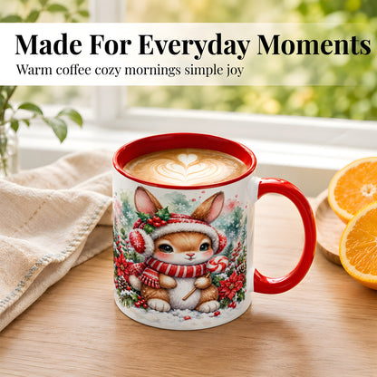 #pl[11oz|Red] Christmas Bunny Coffee Mug, Candy Cane Rabbit Mug, Ceramic Cup