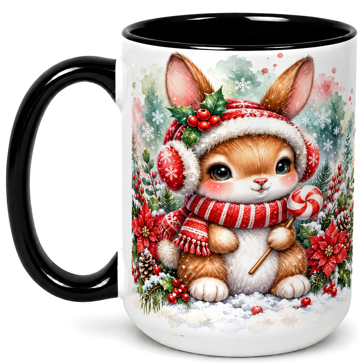 #pl[15oz|Black] Christmas Bunny Coffee Mug, Candy Cane Rabbit Mug, Ceramic Cup