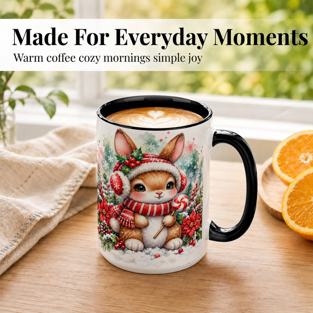 #pl[15oz|Black] Christmas Bunny Coffee Mug, Candy Cane Rabbit Mug, Ceramic Cup