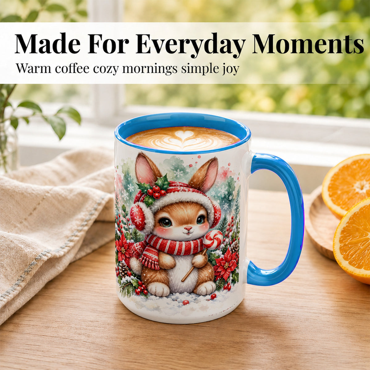 #pl[15oz|Blue] Christmas Bunny Coffee Mug, Candy Cane Rabbit Mug, Ceramic Cup