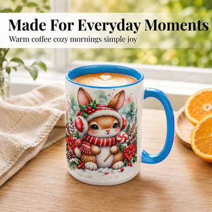 #pl[15oz|Blue] Christmas Bunny Coffee Mug, Candy Cane Rabbit Mug, Ceramic Cup