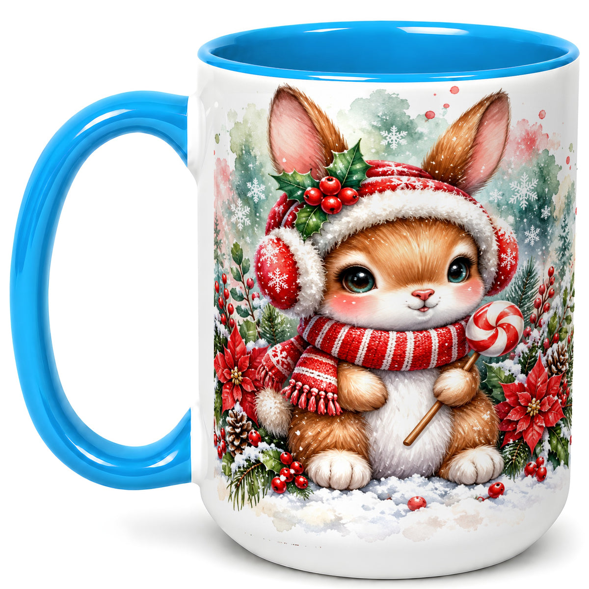 #pl[15oz|Blue] Christmas Bunny Coffee Mug, Candy Cane Rabbit Mug, Ceramic Cup