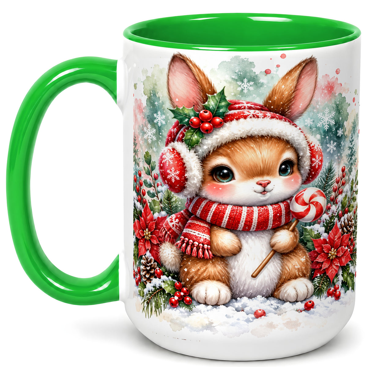 #pl[15oz|Green] Christmas Bunny Coffee Mug, Candy Cane Rabbit Mug, Ceramic Cup