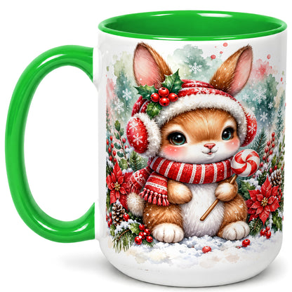 #pl[15oz|Green] Christmas Bunny Coffee Mug, Candy Cane Rabbit Mug, Ceramic Cup