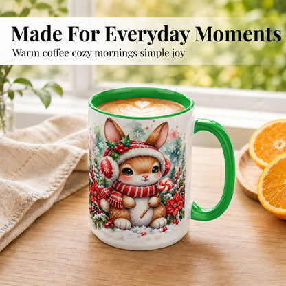 #pl[15oz|Green] Christmas Bunny Coffee Mug, Candy Cane Rabbit Mug, Ceramic Cup