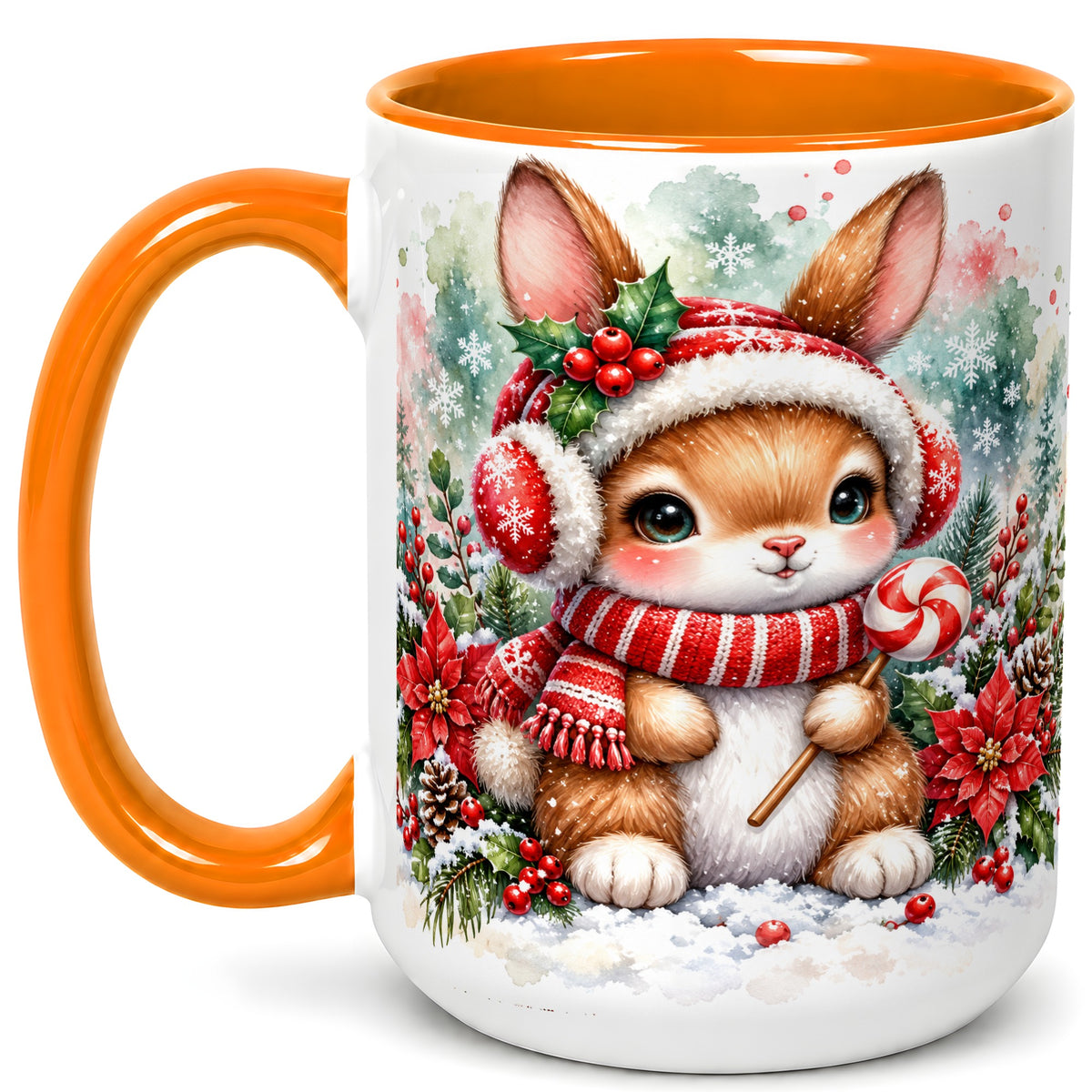 #pl[15oz|Orange] Christmas Bunny Coffee Mug, Candy Cane Rabbit Mug, Ceramic Cup