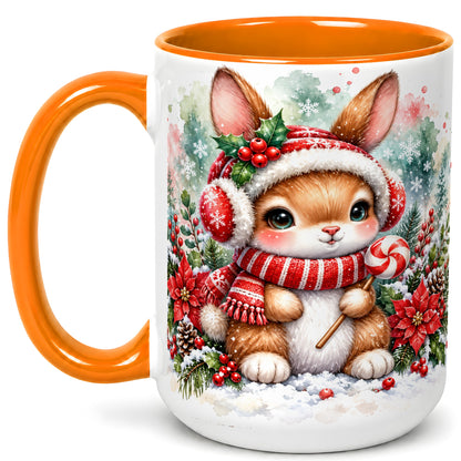 #pl[15oz|Orange] Christmas Bunny Coffee Mug, Candy Cane Rabbit Mug, Ceramic Cup