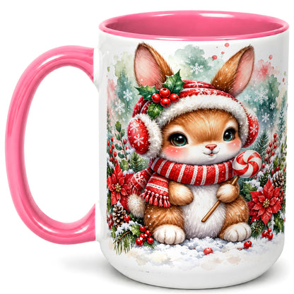 #pl[15oz|Pink] Christmas Bunny Coffee Mug, Candy Cane Rabbit Mug, Ceramic Cup