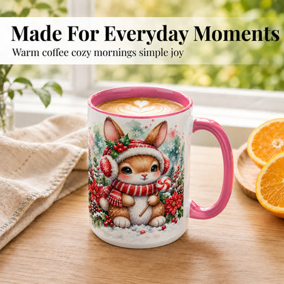 #pl[15oz|Pink] Christmas Bunny Coffee Mug, Candy Cane Rabbit Mug, Ceramic Cup