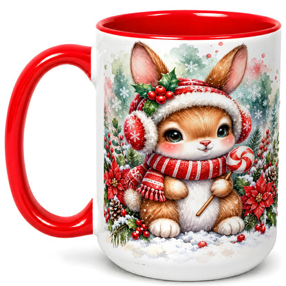 #pl[15oz|Red] Christmas Bunny Coffee Mug, Candy Cane Rabbit Mug, Ceramic Cup