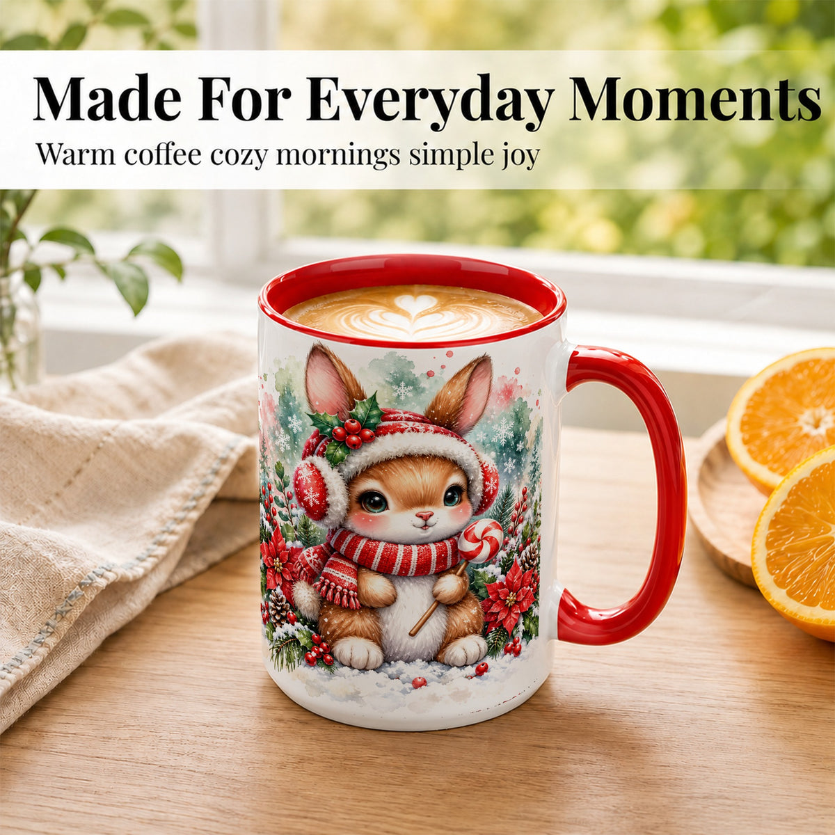 #pl[15oz|Red] Christmas Bunny Coffee Mug, Candy Cane Rabbit Mug, Ceramic Cup