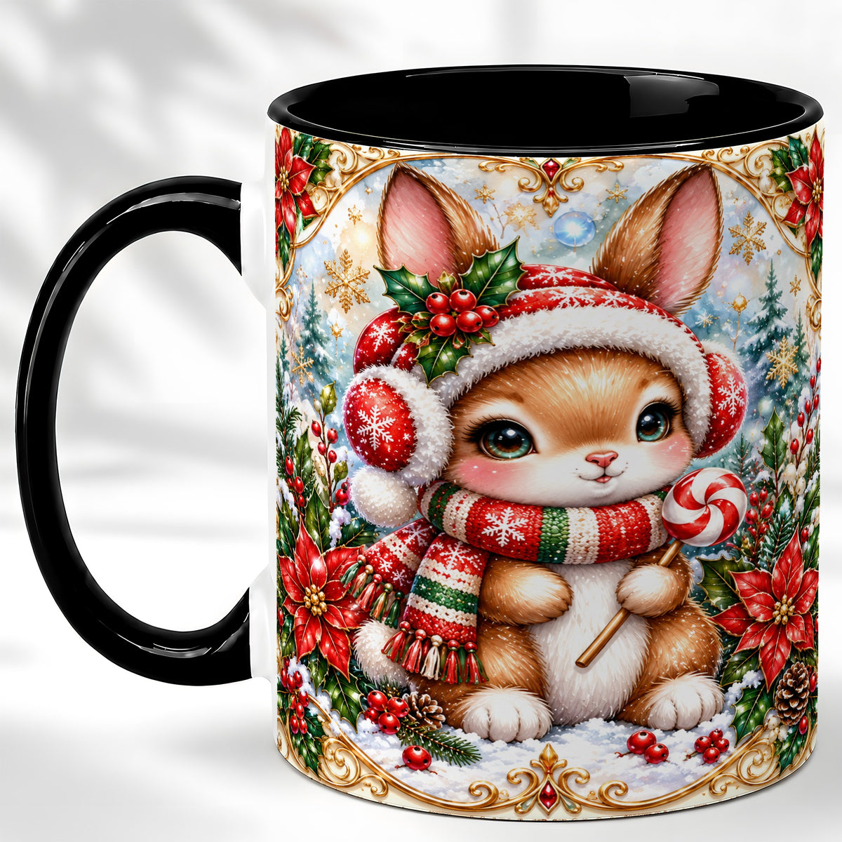 #pl[11oz|Black] Christmas Bunny Coffee Mug, Holiday Rabbit Mug, Ceramic Cup