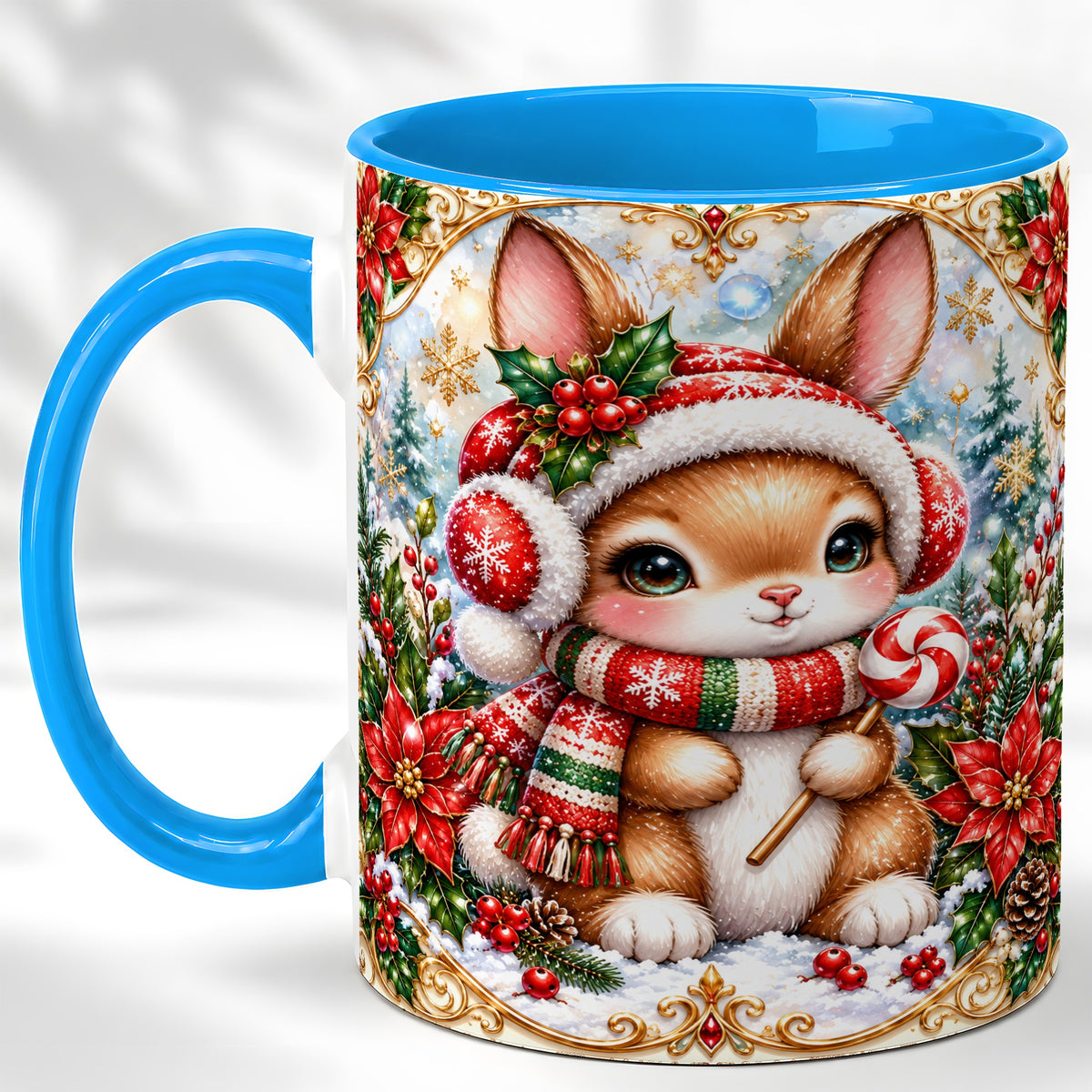 #pl[11oz|Blue] Christmas Bunny Coffee Mug, Holiday Rabbit Mug, Ceramic Cup